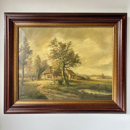 Antique “COUNTRY COTTAGE” Landscape Oil Painting Trees Signed 19th Century - HollandArtShop
