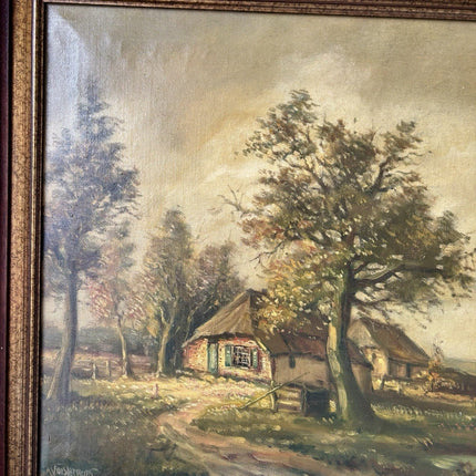 Antique “COUNTRY COTTAGE” Landscape Oil Painting Trees Signed 19th Century - HollandArtShop