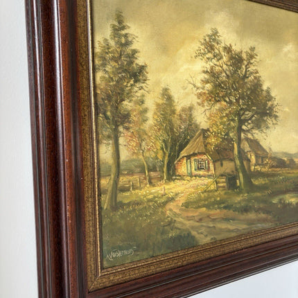 Antique “COUNTRY COTTAGE” Landscape Oil Painting Trees Signed 19th Century - HollandArtShop