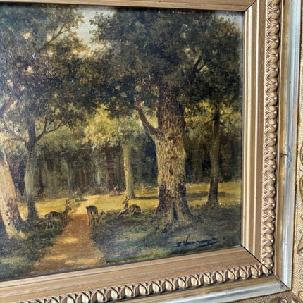 Antique “DEER IN FOREST” Oil Painting Dutch Forest Animals Medium 19th Century - HollandArtShop