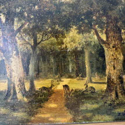 Antique “DEER IN FOREST” Oil Painting Dutch Forest Animals Medium 19th Century - HollandArtShop