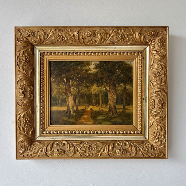 Antique “DEER IN FOREST” Oil Painting Dutch Forest Animals Medium 19th Century - HollandArtShop
