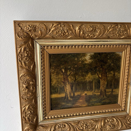 Antique “DEER IN FOREST” Oil Painting Dutch Forest Animals Medium 19th Century - HollandArtShop
