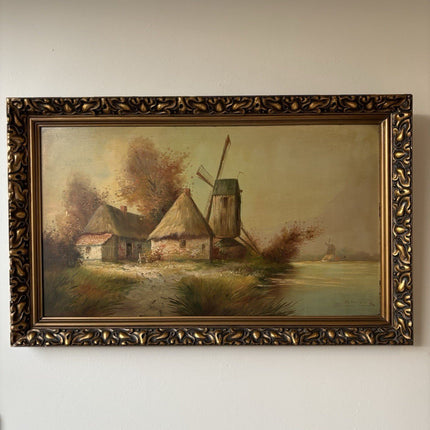 Antique “DUTCH WINDMILL VIEW” Oil Painting Countryside River Scene 20th Century - HollandArtShop