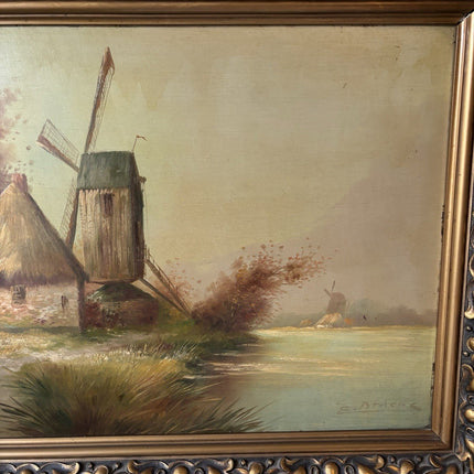 Antique “DUTCH WINDMILL VIEW” Oil Painting Countryside River Scene 20th Century - HollandArtShop