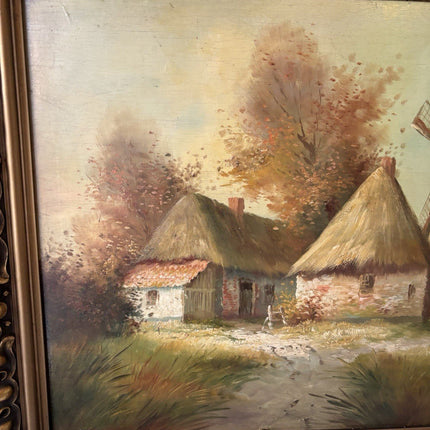 Antique “DUTCH WINDMILL VIEW” Oil Painting Countryside River Scene 20th Century - HollandArtShop