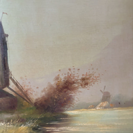 Antique “DUTCH WINDMILL VIEW” Oil Painting Countryside River Scene 20th Century - HollandArtShop