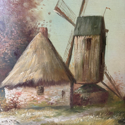 Antique “DUTCH WINDMILL VIEW” Oil Painting Countryside River Scene 20th Century - HollandArtShop