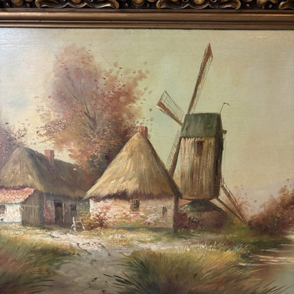 Antique “DUTCH WINDMILL VIEW” Oil Painting Countryside River Scene 20th Century - HollandArtShop