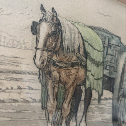 Antique “FISHERMAN WITH HORSE AT THE SHORE” seascape Early 20th Century Etching - HollandArtShop