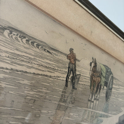 Antique “FISHERMAN WITH HORSE AT THE SHORE” seascape Early 20th Century Etching - HollandArtShop