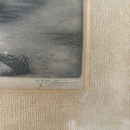 Antique “FISHERMAN WITH HORSE AT THE SHORE” seascape Early 20th Century Etching - HollandArtShop