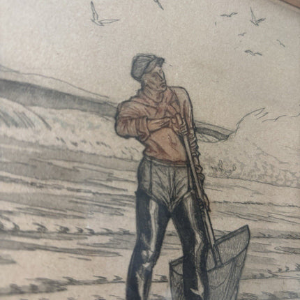Antique “FISHERMAN WITH HORSE AT THE SHORE” seascape Early 20th Century Etching - HollandArtShop