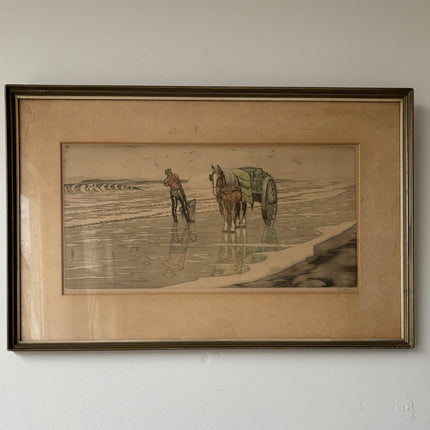 Antique “FISHERMAN WITH HORSE AT THE SHORE” seascape Early 20th Century Etching - HollandArtShop