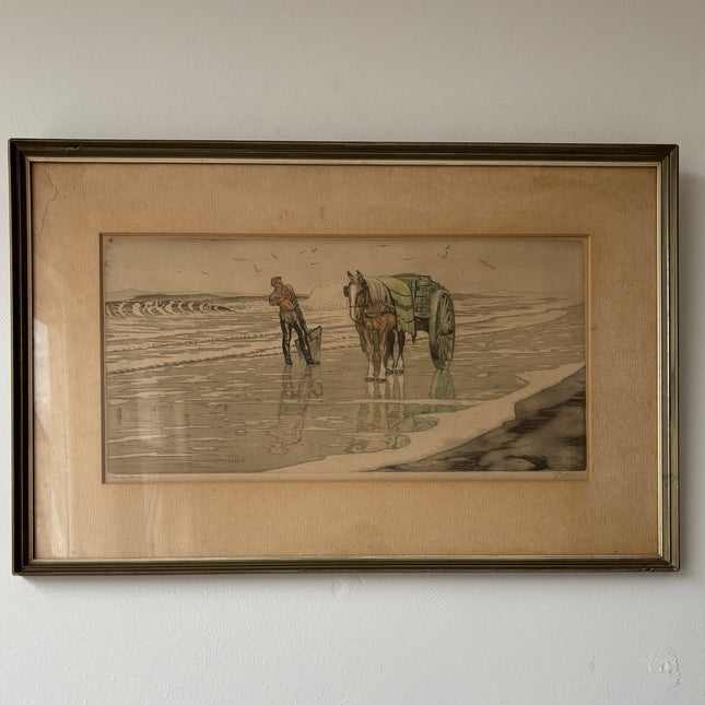 Antique “FISHERMAN WITH HORSE AT THE SHORE” seascape Early 20th Century Etching - HollandArtShop