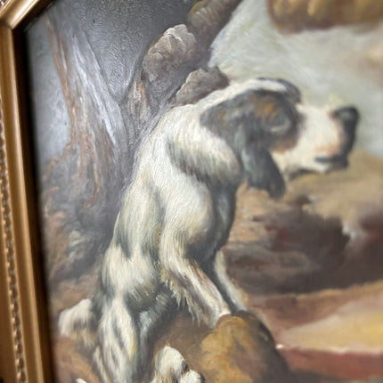 Antique Hand Made Dogs River Rocks Forest Bridge Oil Painting - HollandArtShop