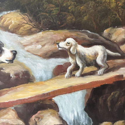 Antique Hand Made Dogs River Rocks Forest Bridge Oil Painting - HollandArtShop