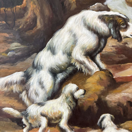 Antique Hand Made Dogs River Rocks Forest Bridge Oil Painting - HollandArtShop