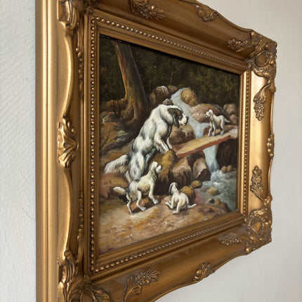 Antique Hand Made Dogs River Rocks Forest Bridge Oil Painting - HollandArtShop