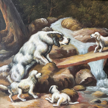 Antique Hand Made Dogs River Rocks Forest Bridge Oil Painting - HollandArtShop