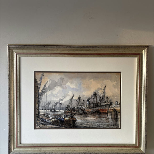 Antique Harbor Scene Mixed Media "Harbor Ships" Intriguing Netherlands Art - HollandArtShop