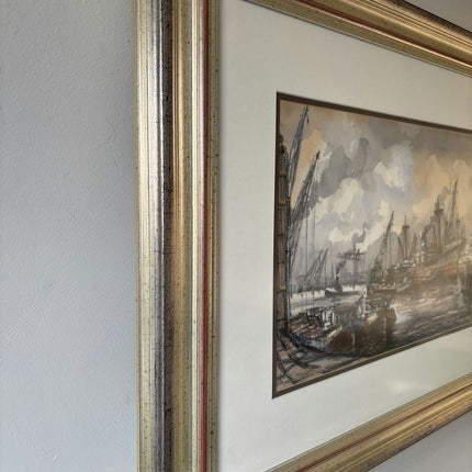 Antique Harbor Scene Mixed Media "Harbor Ships" Intriguing Netherlands Art - HollandArtShop
