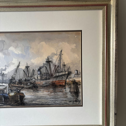 Antique Harbor Scene Mixed Media "Harbor Ships" Intriguing Netherlands Art - HollandArtShop