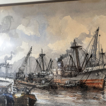 Antique Harbor Scene Mixed Media "Harbor Ships" Intriguing Netherlands Art - HollandArtShop