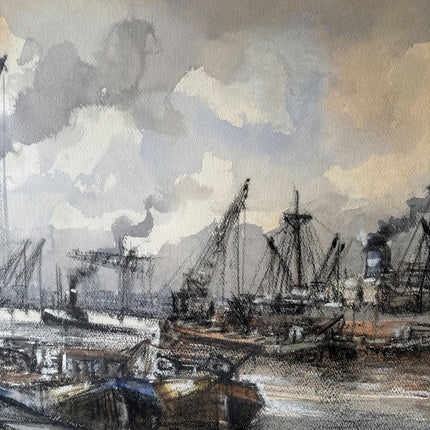 Antique Harbor Scene Mixed Media "Harbor Ships" Intriguing Netherlands Art - HollandArtShop