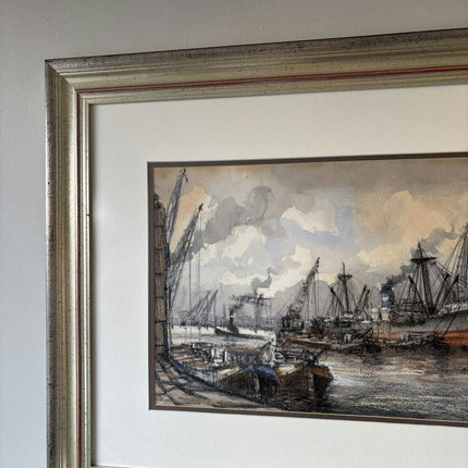 Antique Harbor Scene Mixed Media "Harbor Ships" Intriguing Netherlands Art - HollandArtShop