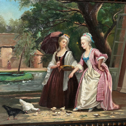 Antique Oil Painting Figurative "Feeding Chickens" Art with 2 Ladies - HollandArtShop