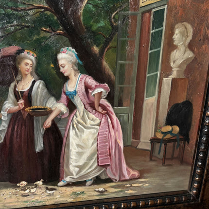 Antique Oil Painting Figurative "Feeding Chickens" Art with 2 Ladies - HollandArtShop
