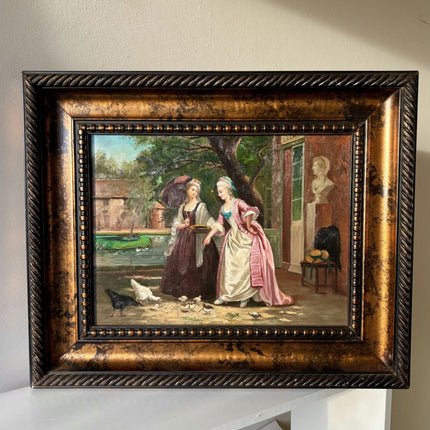 Antique Oil Painting Figurative "Feeding Chickens" Art with 2 Ladies - HollandArtShop