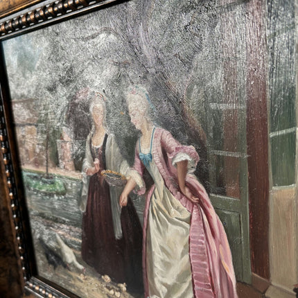 Antique Oil Painting Figurative "Feeding Chickens" Art with 2 Ladies - HollandArtShop