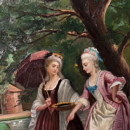 Antique Oil Painting Figurative "Feeding Chickens" Art with 2 Ladies - HollandArtShop