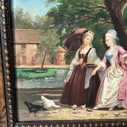 Antique Oil Painting Figurative "Feeding Chickens" Art with 2 Ladies - HollandArtShop