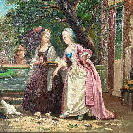 Antique Oil Painting Figurative "Feeding Chickens" Art with 2 Ladies - HollandArtShop