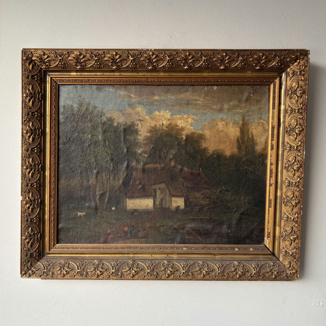 Antique Oil Painting Landscape "Farmhouse Scene" Original Medium Art - HollandArtShop