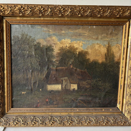 Antique Oil Painting Landscape "Farmhouse Scene" Original Medium Art - HollandArtShop