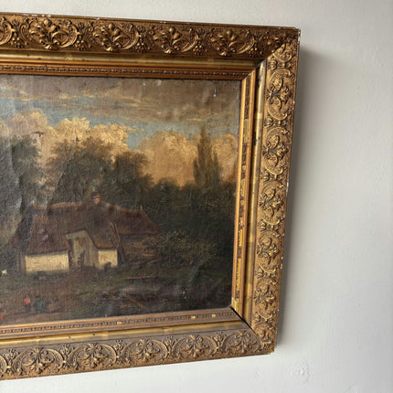 Antique Oil Painting Landscape "Farmhouse Scene" Original Medium Art - HollandArtShop