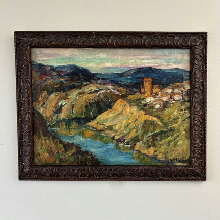 Antique Oil Painting Landscape "Rocky Riverbank" Refined Spanish Artwork - HollandArtShop
