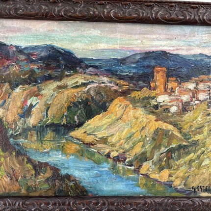 Antique Oil Painting Landscape "Rocky Riverbank" Refined Spanish Artwork - HollandArtShop