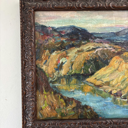 Antique Oil Painting Landscape "Rocky Riverbank" Refined Spanish Artwork - HollandArtShop