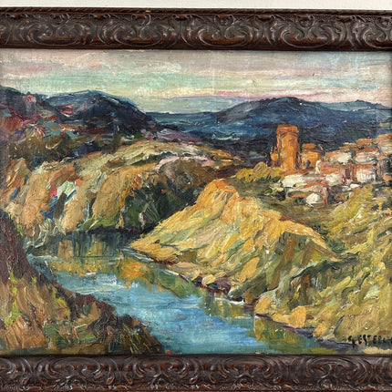 Antique Oil Painting Landscape "Rocky Riverbank" Refined Spanish Artwork - HollandArtShop