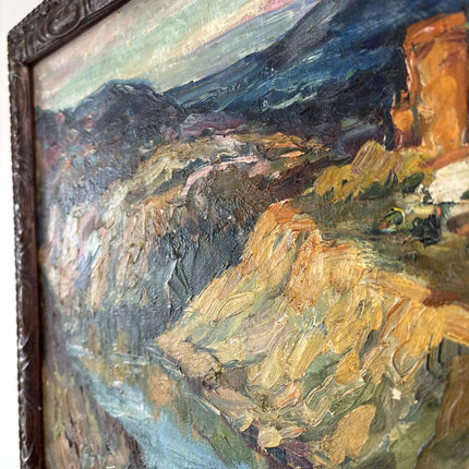 Antique Oil Painting Landscape "Rocky Riverbank" Refined Spanish Artwork - HollandArtShop