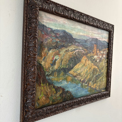 Antique Oil Painting Landscape "Rocky Riverbank" Refined Spanish Artwork - HollandArtShop