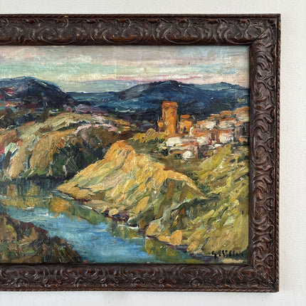 Antique Oil Painting Landscape "Rocky Riverbank" Refined Spanish Artwork - HollandArtShop