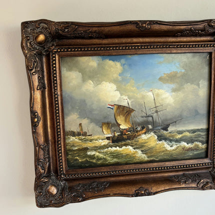 Antique Oil Painting Seascape "Stormy Seas" Vintage Medium Artwork - HollandArtShop