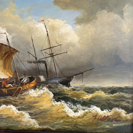 Antique Oil Painting Seascape "Stormy Seas" Vintage Medium Artwork - HollandArtShop