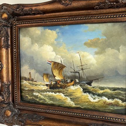 Antique Oil Painting Seascape "Stormy Seas" Vintage Medium Artwork - HollandArtShop